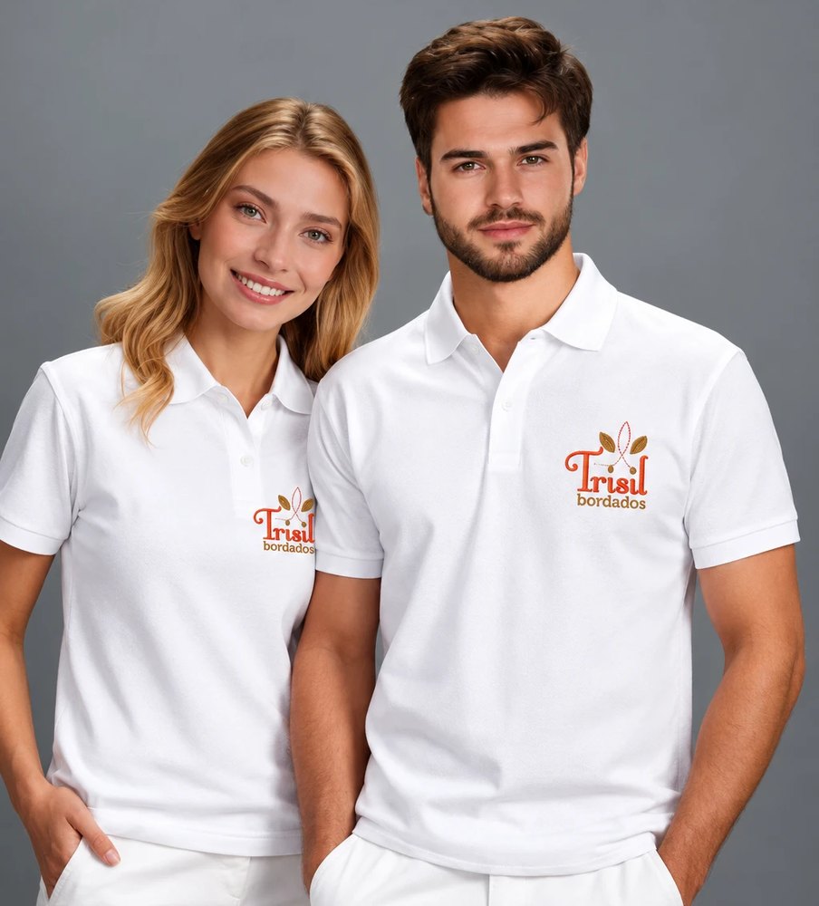 Casal vestindo camisas polo brancas com o logo da Trisil Bordados bordado no peito